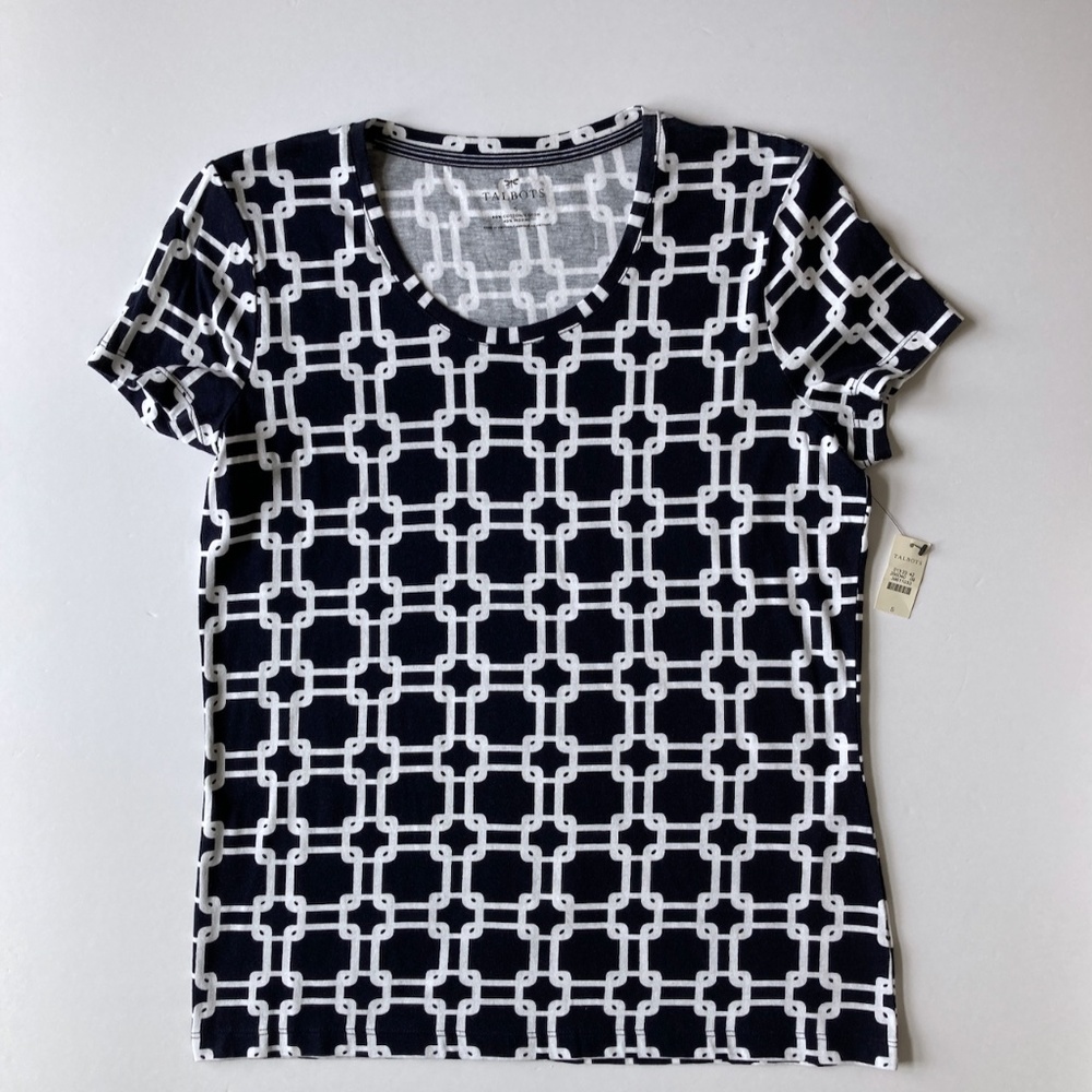 NWT Talbots Cotton Short Sleeve Tee Navy & White Misses Small Crew Neck